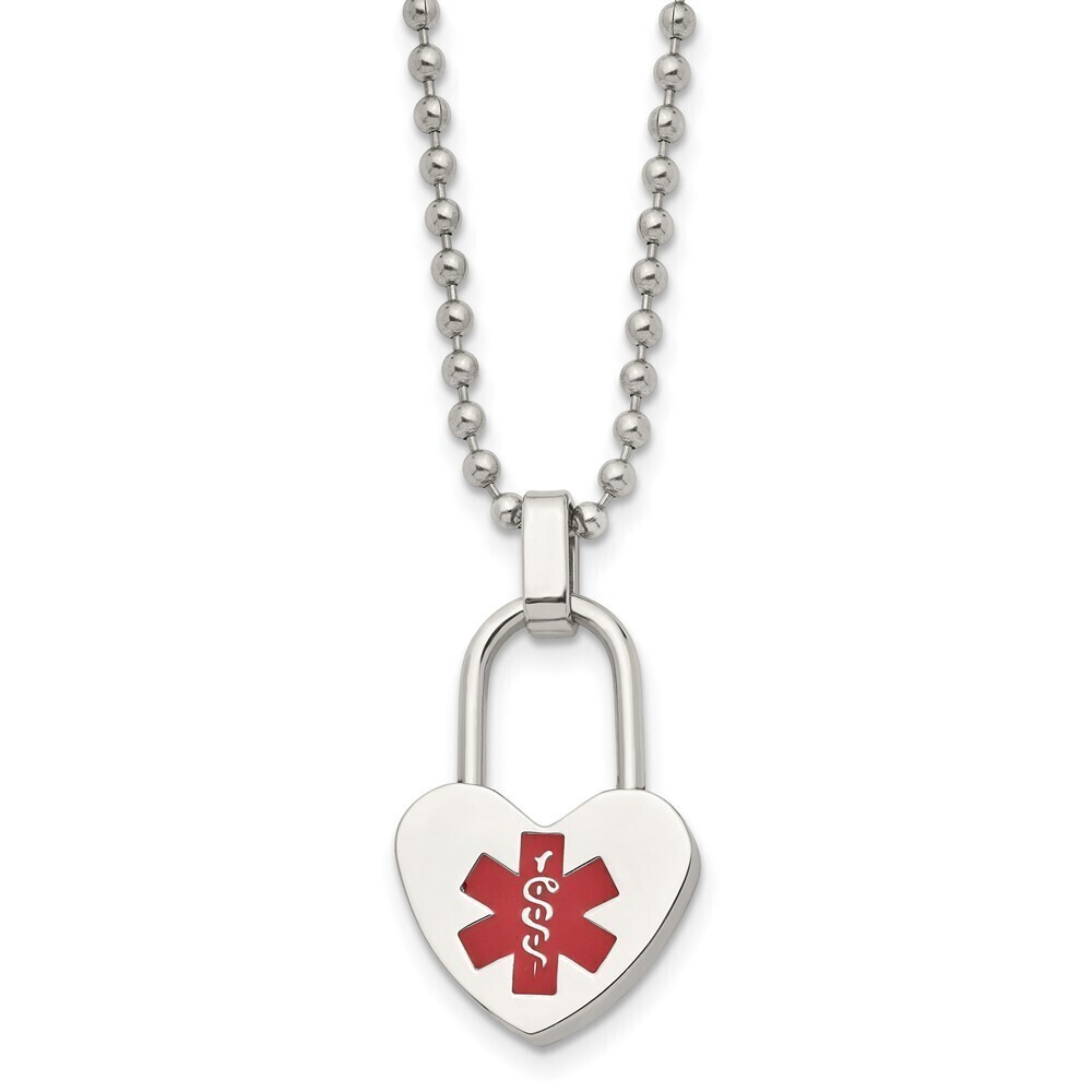 Steel Red Enamel Heart Lock Medical ID Pendant on a 24in Ball Chain Necklace